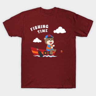 Vector cartoon illustration of cute bear fishing on sailboat with cartoon style. T-Shirt